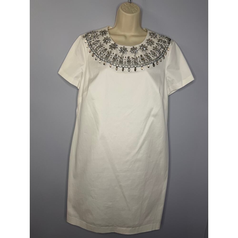Brooks Brothers Shift White Mini Dress Embellished Jewel Neckline Elegant Sz 14 - Picture 11 of 13